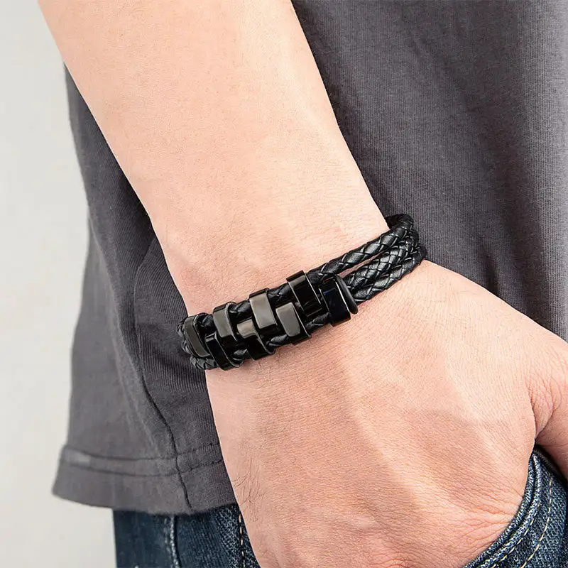 Geometric Design Titanium Steel Leather Bracelet
