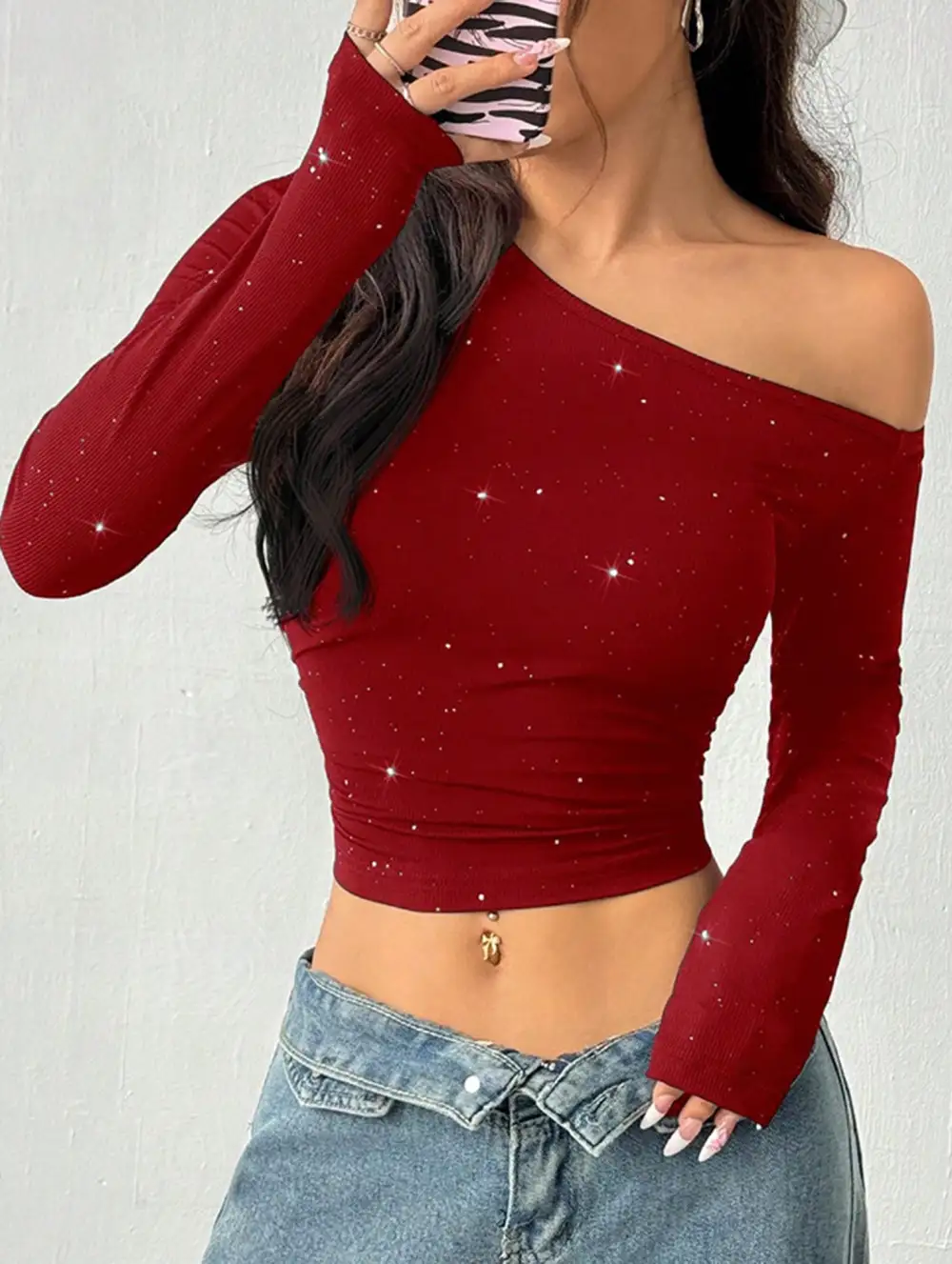 Rhinestone One Shoulder Knit Top