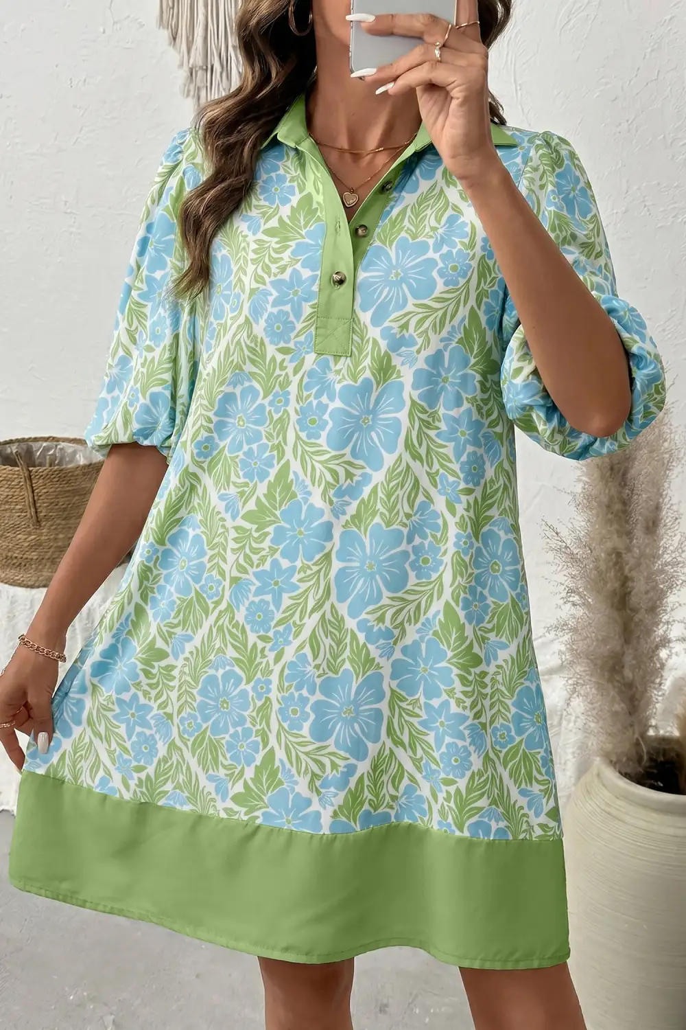 Sky Floral Print Color Block Patchwork Shirt Collar Half Sleeve Mini Dress