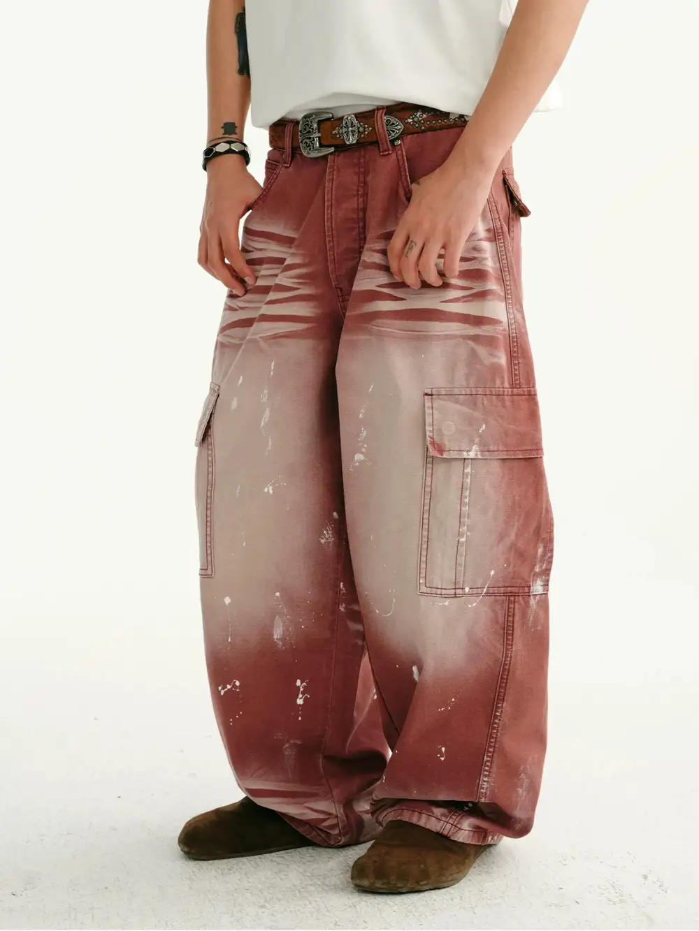 Wide-Leg Distressed Washed Denim Pants