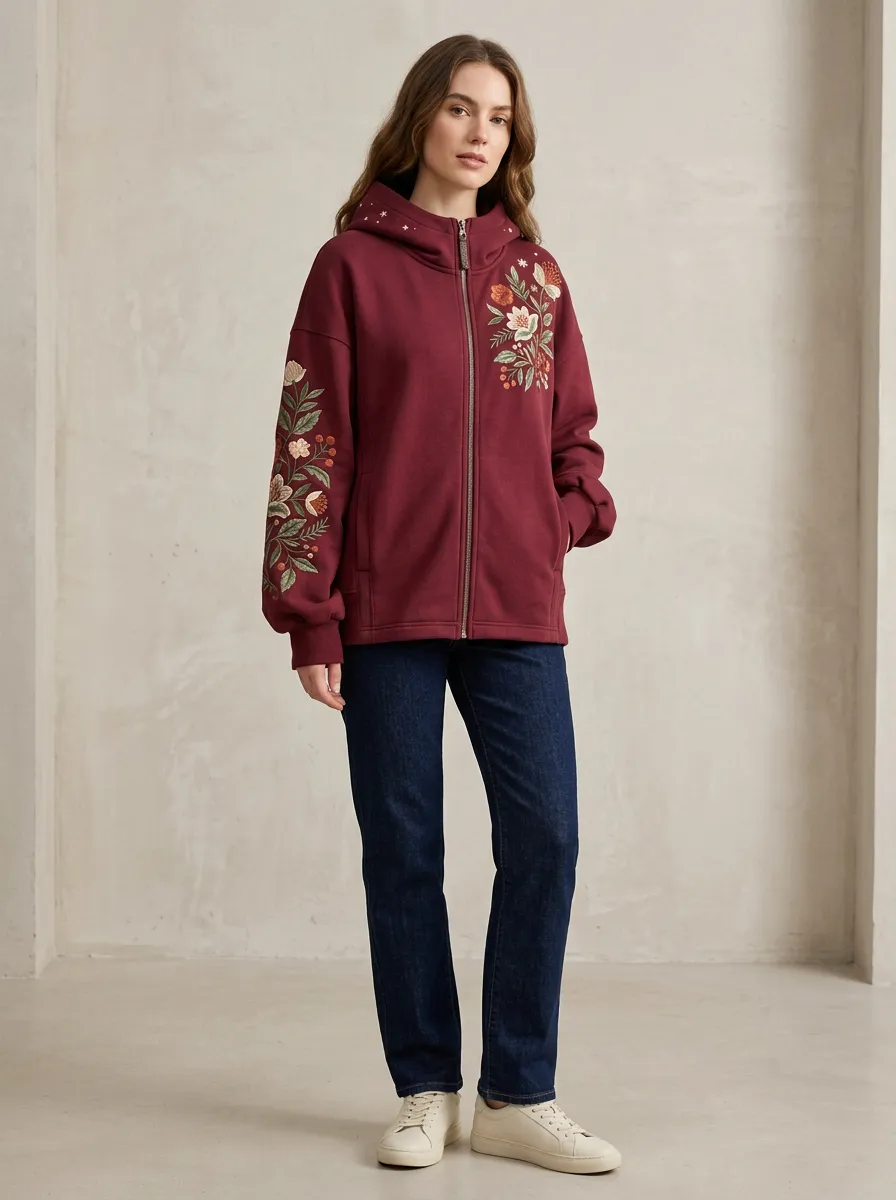 Women's Art Inspired Floral Embroidered Graphic Nature Inspired Hoodie