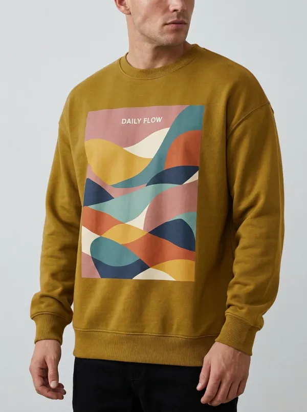 Abstract Wave Graphic Crewneck Sweatshirt With Ribbed Trim