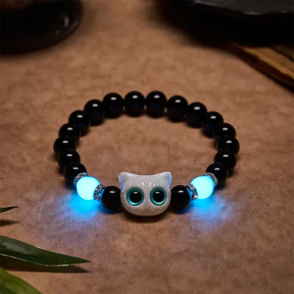 Obsidian Cute Big Eye Cat Beaded Bracelet