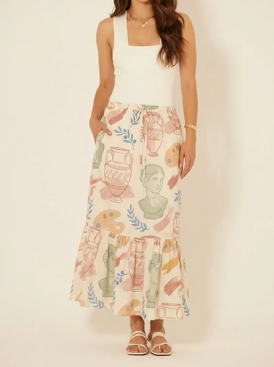 Women's Greek Art Lover Statue Vase Printed Midi Skirt
