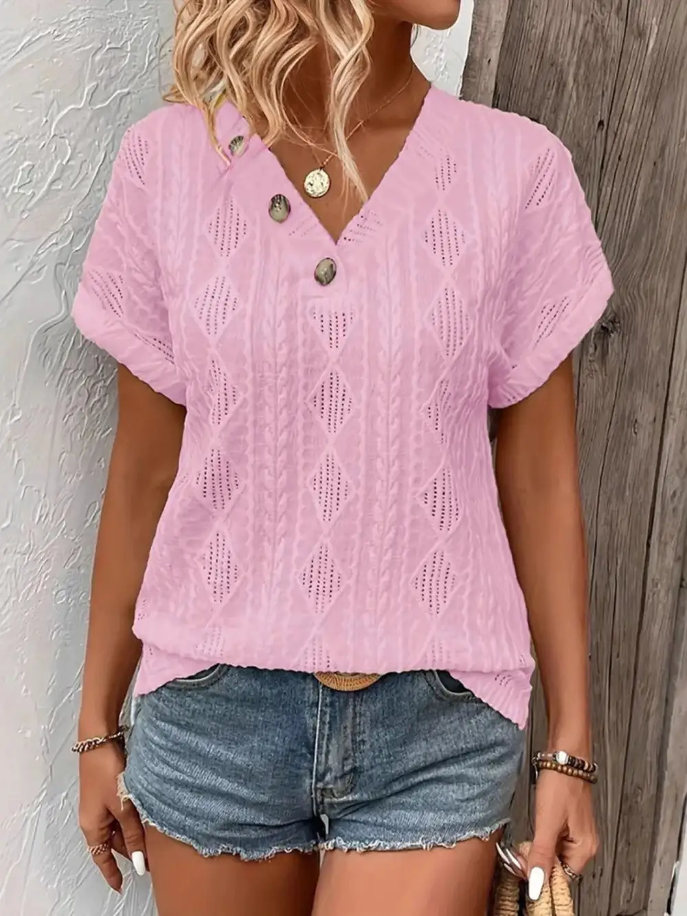 Textured V-Neck Short Sleeve Top