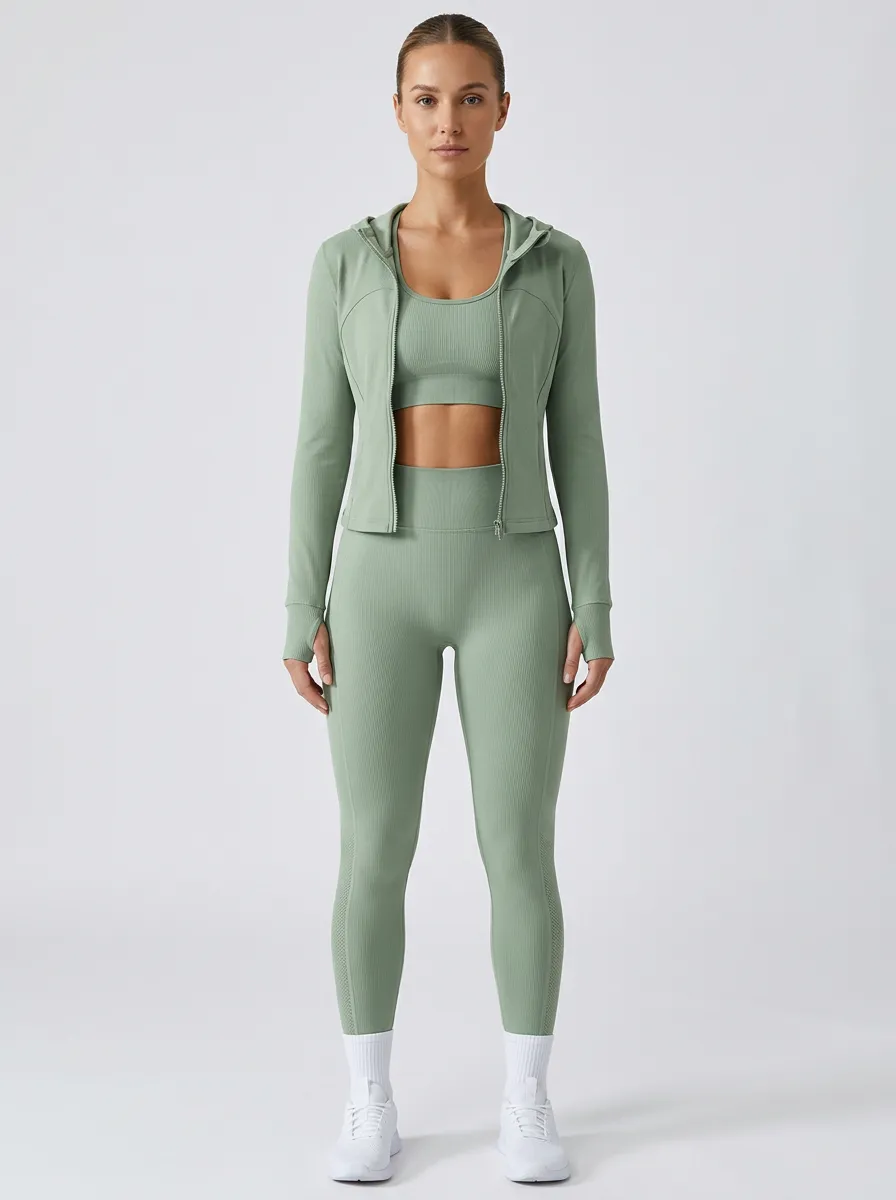 Training Ribbed Texture Seamless Design Detail Women's Three Piece Activewear Set
