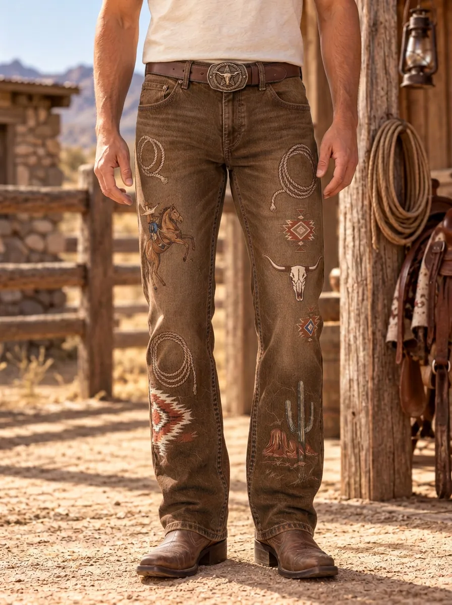 Men's Classic Western Cowboy Rodeo Cactus Skull Jeans