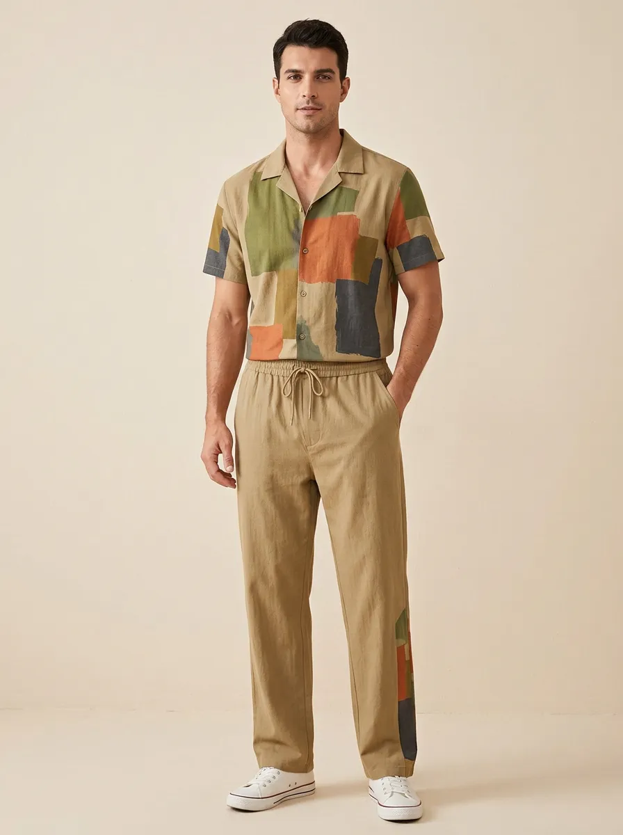 Men's Abstract Geometric Colorblock Printed Casual Set Everyday Design