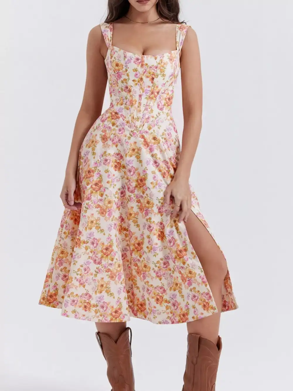 Drape Floral Printed Slit Midi Dress