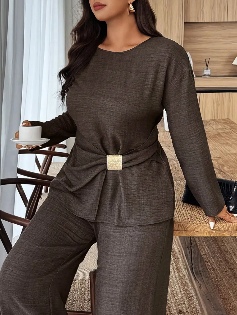Fitted Round Neck Top and Wide Leg Pants Suit