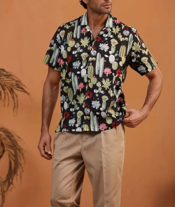 Black Cactus Mulmul Cotton Camp Collar Shirt