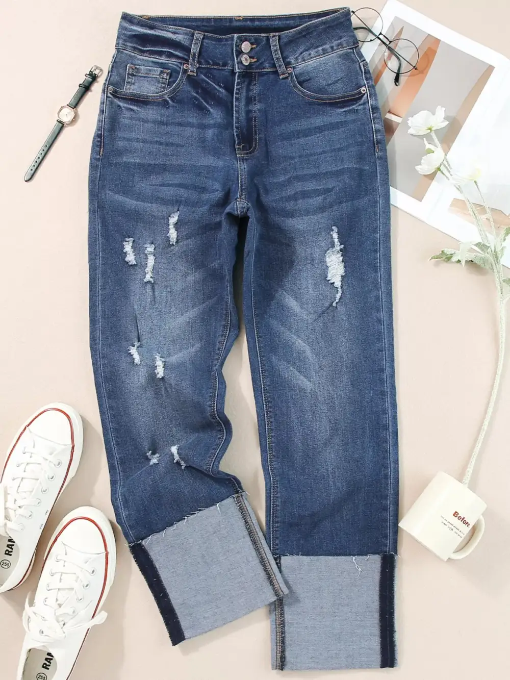 High-Waist Distressed Washed Stretch Straight Leg Jeans