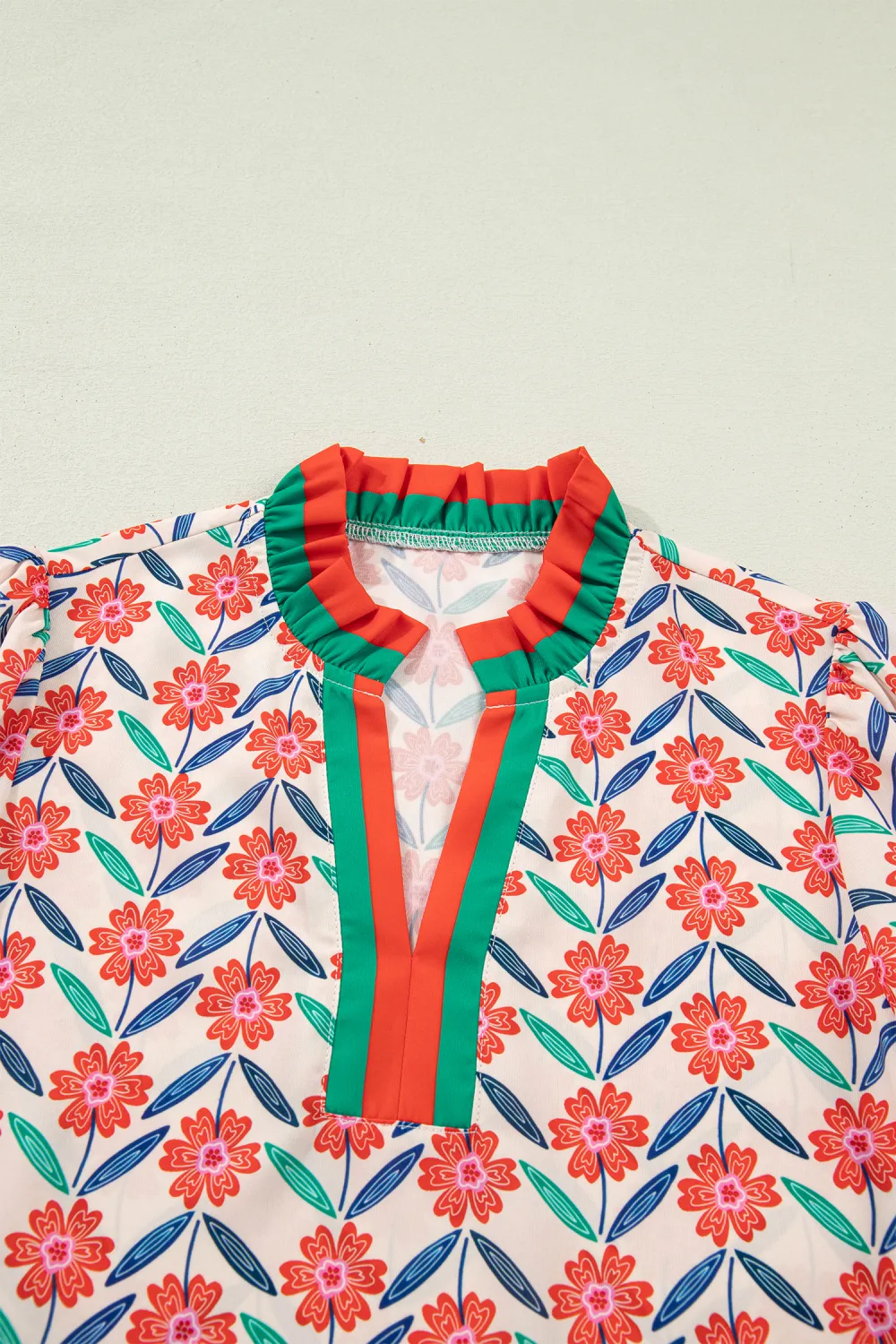 Red Floral Print Striped Detail Blouse