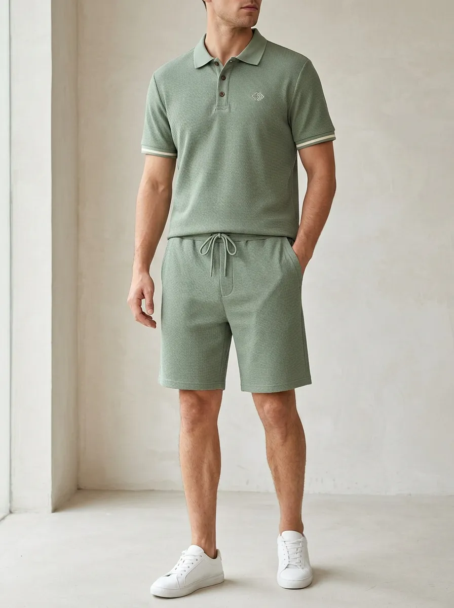 Men's Sage Green Waffle Knit Casual Polo Shirt