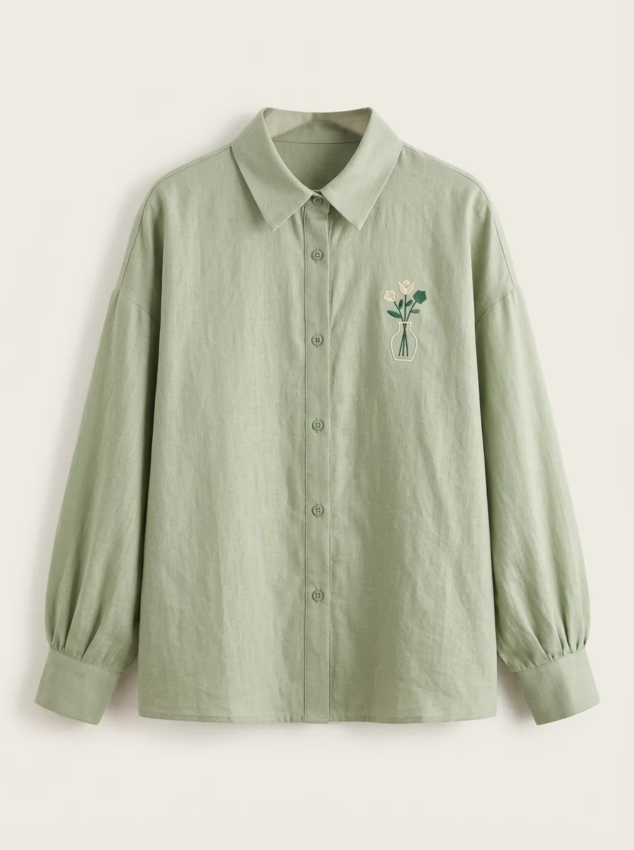 Women's Button-Front Embroidery-Detail Floral-Motif Shirt