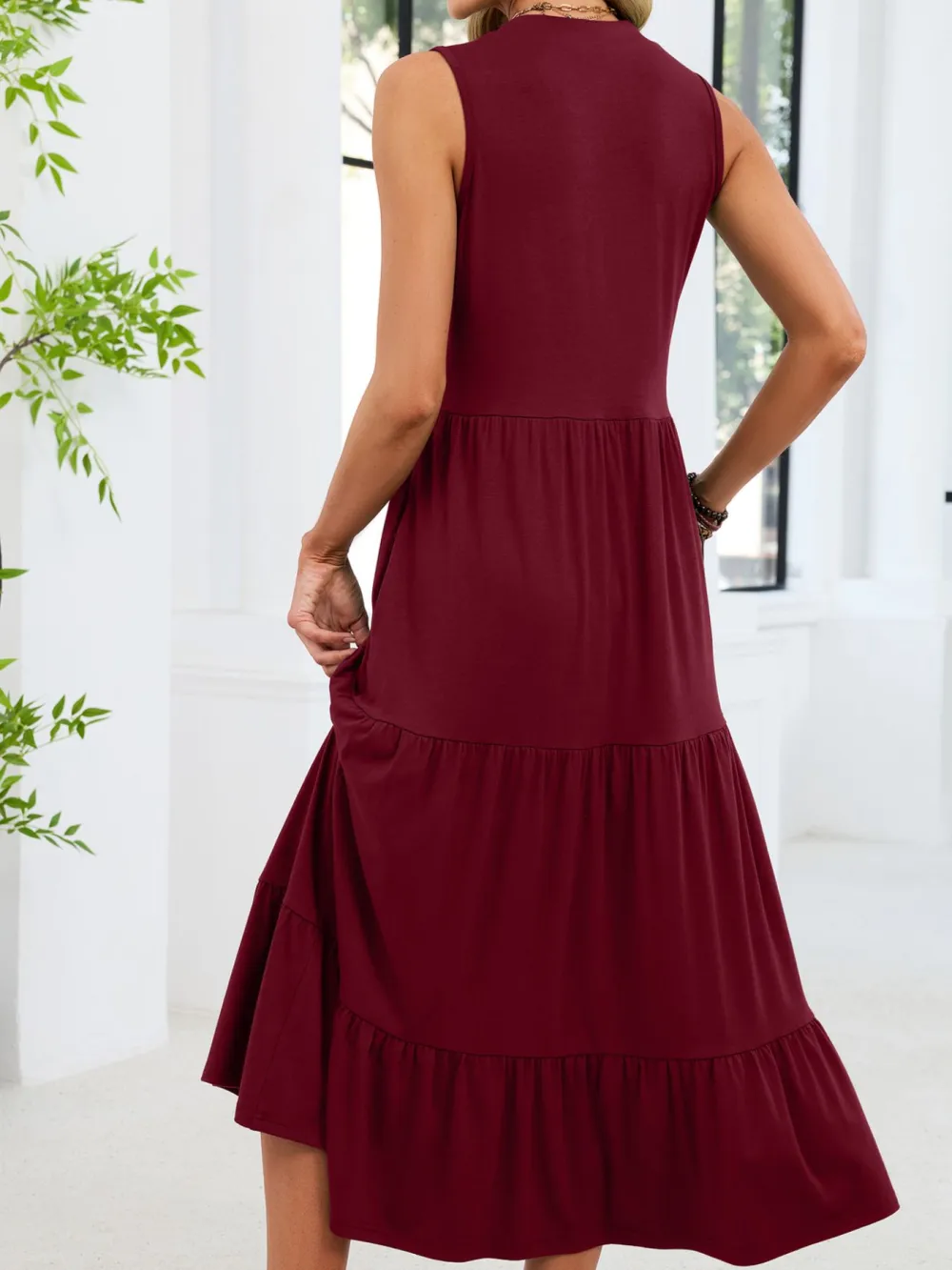 Sleeveless Notched Tiered Midi Dress