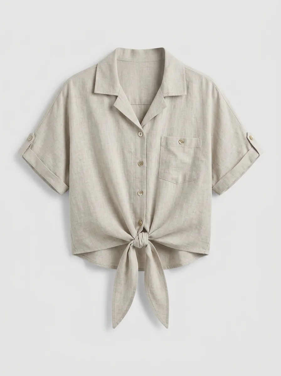Women's Button Down Shirt Casual Linen Blend Tie-Front