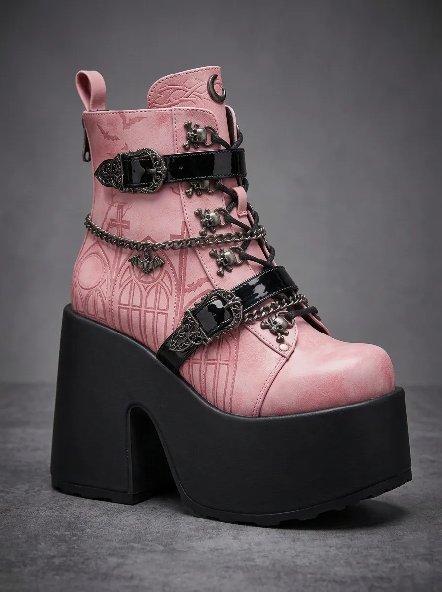 Witchy Skull Bat Look Women's Gothic Platform Boots
