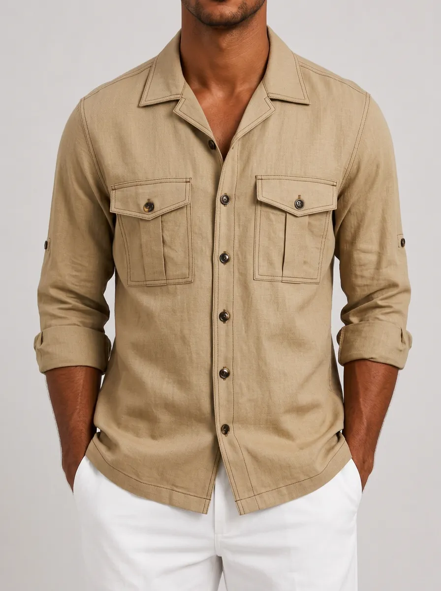 Men's Casual Safari Khaki Button-Down Long Sleeve Shirt
