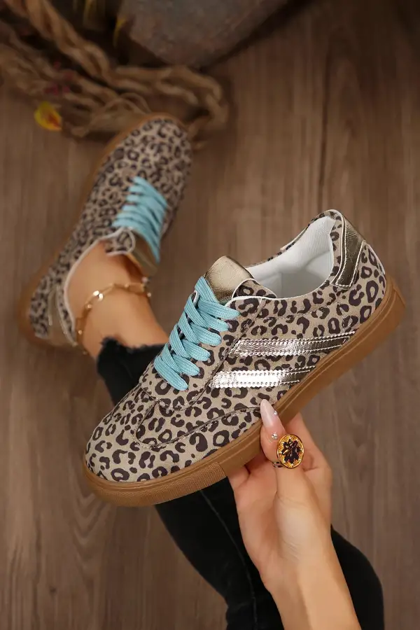 Leopard Faux Suede Leather Lace-Up Casual Sneakers