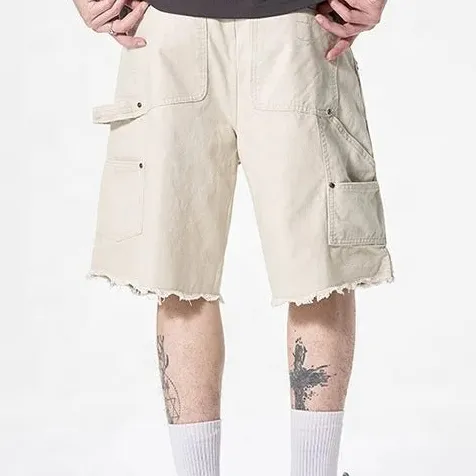 Relaxed Fit Raw Hem Utility Pocket Shorts