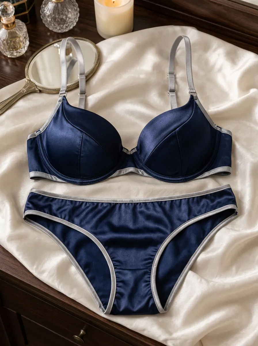Women's Satin Contrast Trim And Classic Coverage Lingerie Set