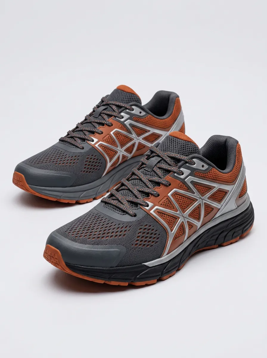 Men's Grey and Orange Mesh Athletic Running Shoes