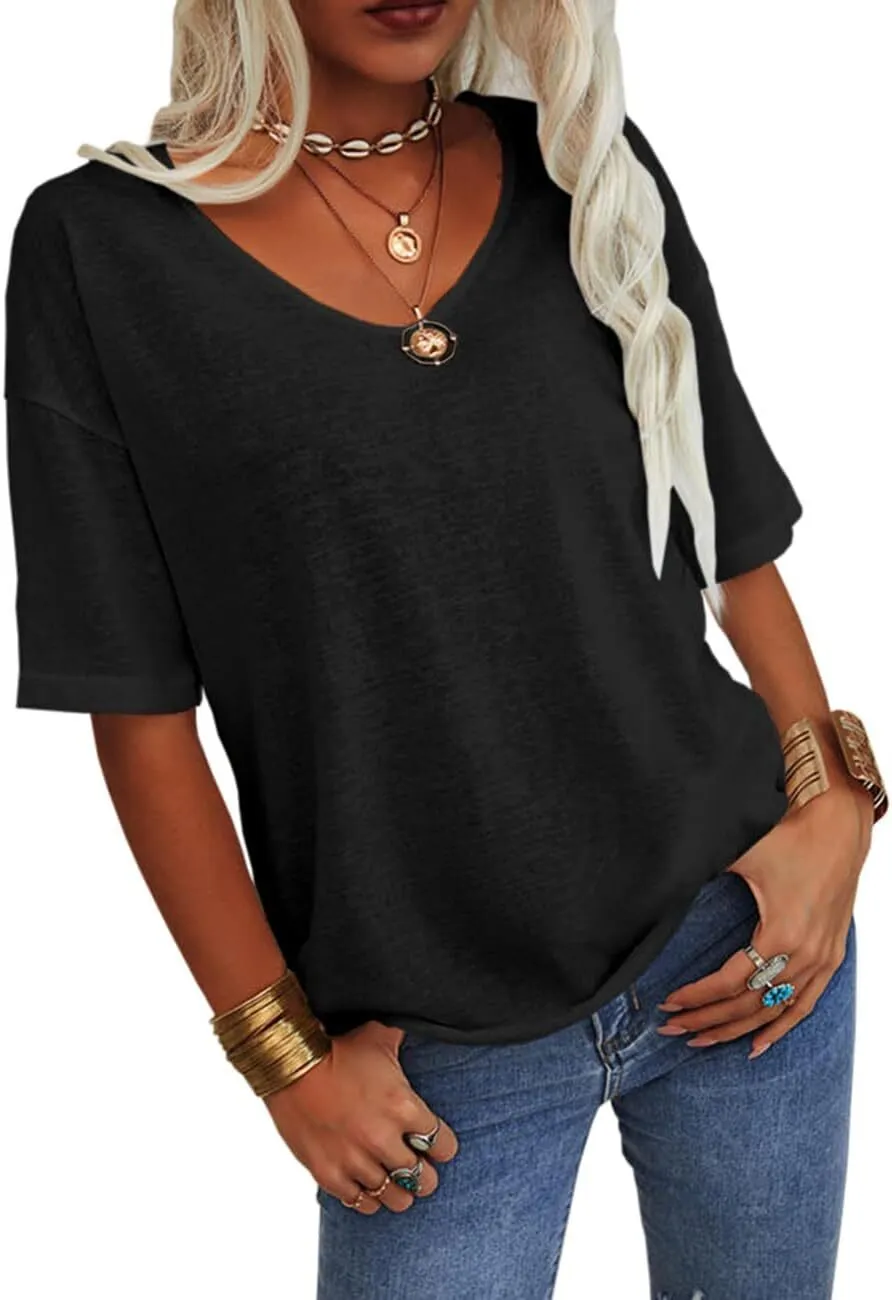 Women's Summer Casual Half Sleeve V-Neck T-Shirt Basic Top