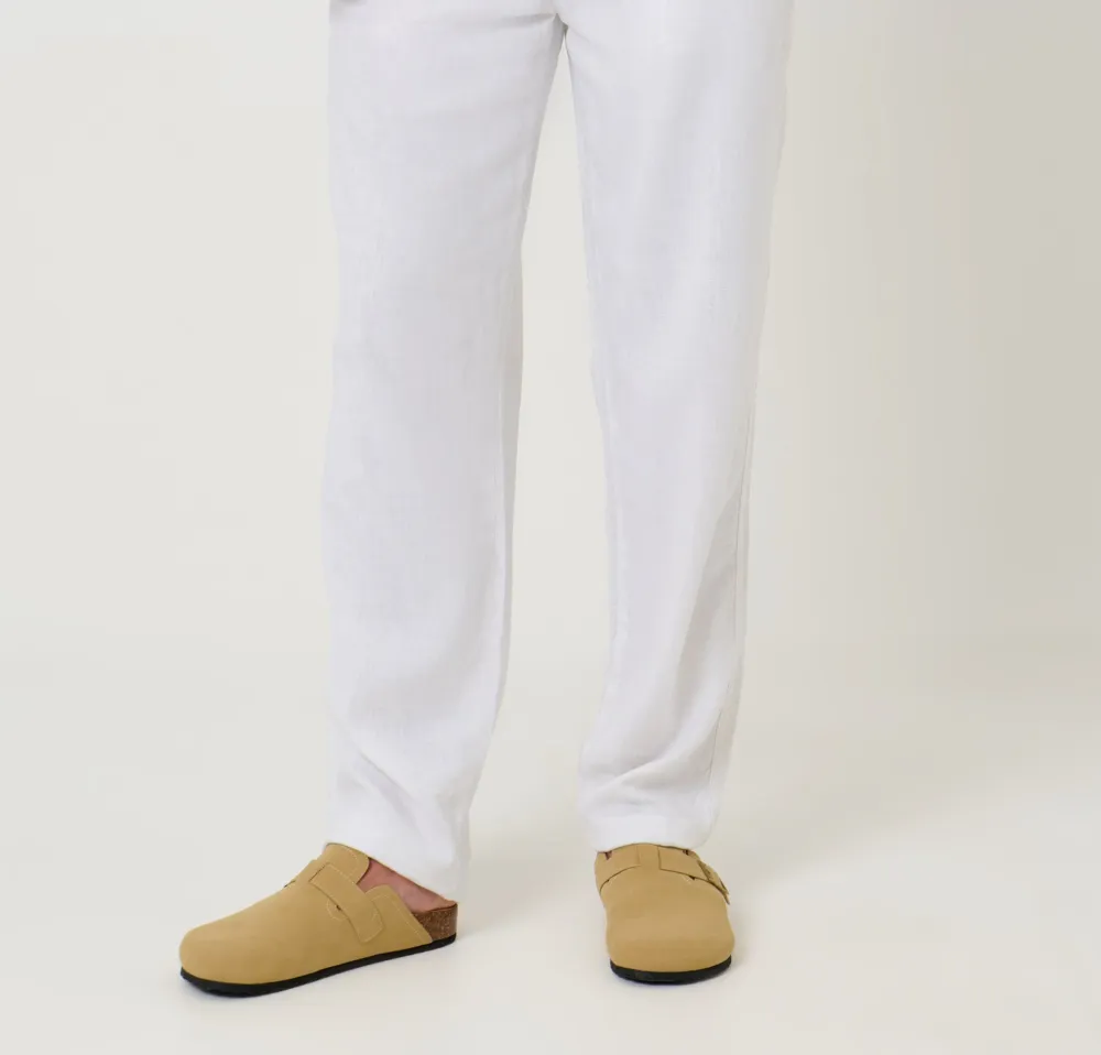 White Linen-Blend Drawstring Pants