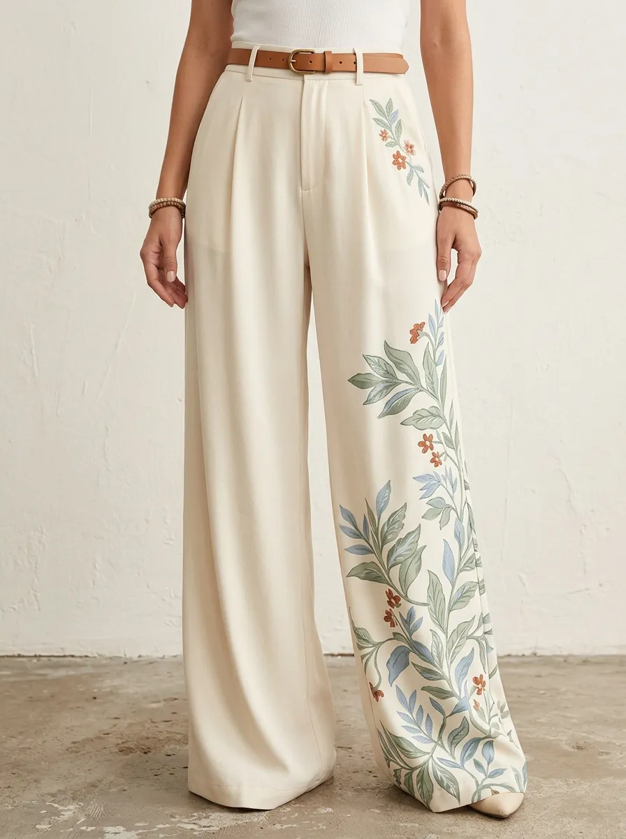 Women's Off-White Floral Print Belt Loops High-Waisted Wide-Leg Trousers