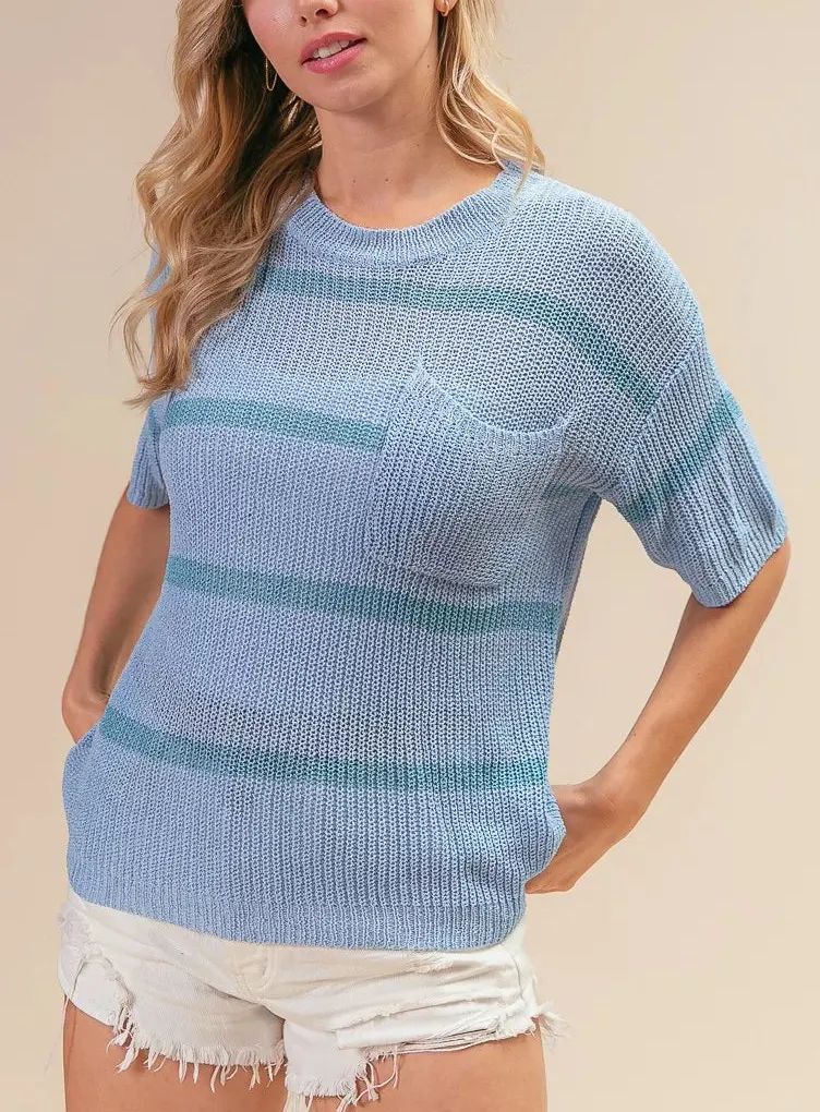 Patch Pocket Striped Lightweight Sweater Top