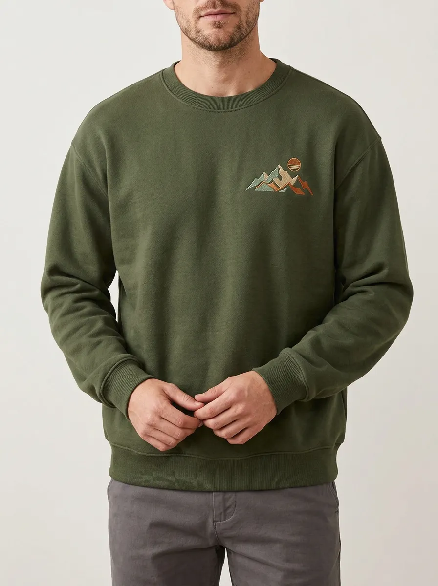 Men's Olive Green Outdoor Mountain Sunset Embroidered Fleece Sweatshirt