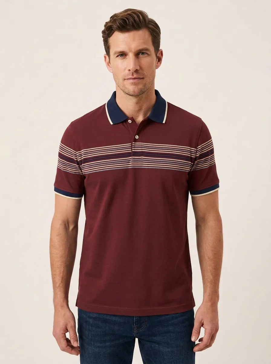 Men's Casual Style Green Striped Chest Printed Polo Shirt