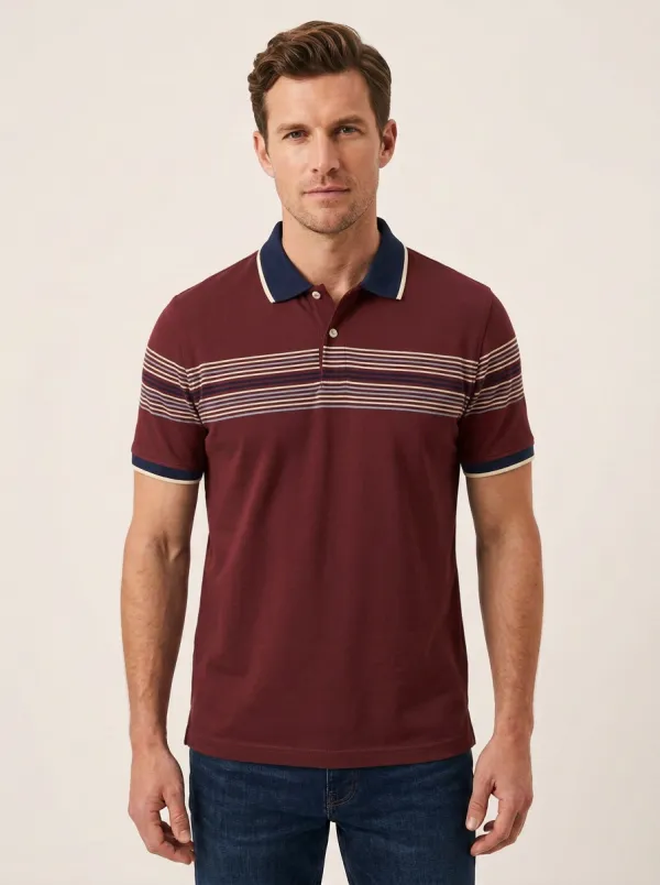 Men's Casual Style Green Striped Chest Printed Polo Shirt
