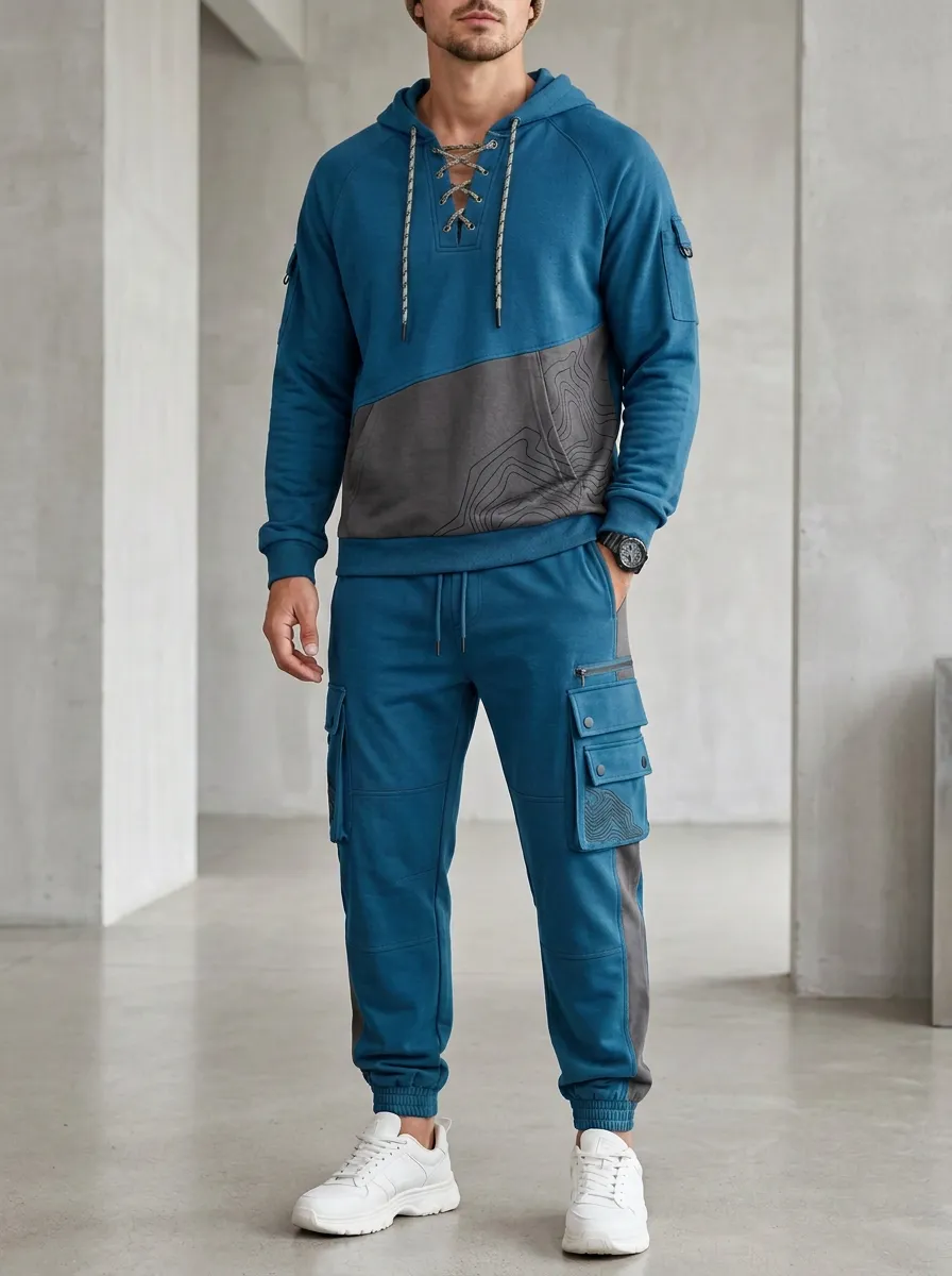 Trail-Inspired Lace-Up Topographic Modern Look Men's Lace Up Hoodie And Cargo Jogger Set