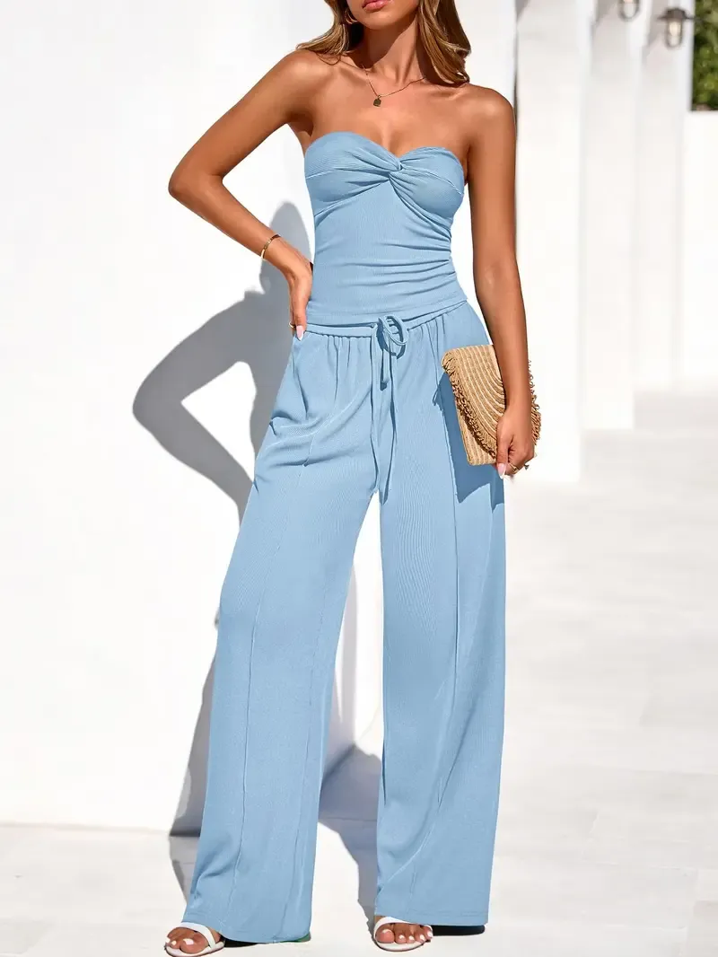 Ribbed Strapless Twist Knot Tube Top Pants Set
