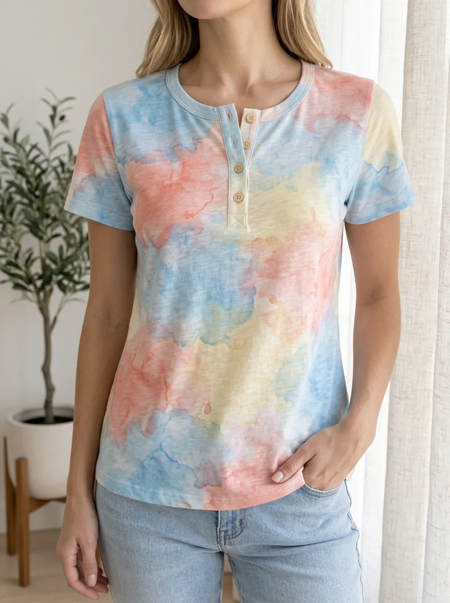 Women's Modern Watercolor Tie-Dye Neck Henley T-Shirt