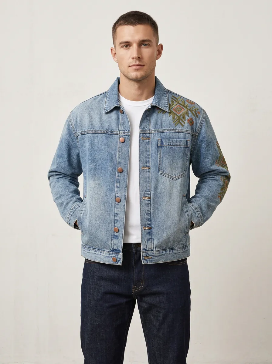 Men's Boho Tribal Printed Denim Jacket