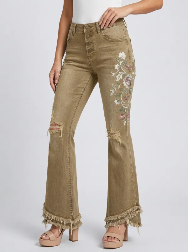 Women's Medium Wash Floral Embroidery Raw Hem Flare Jeans