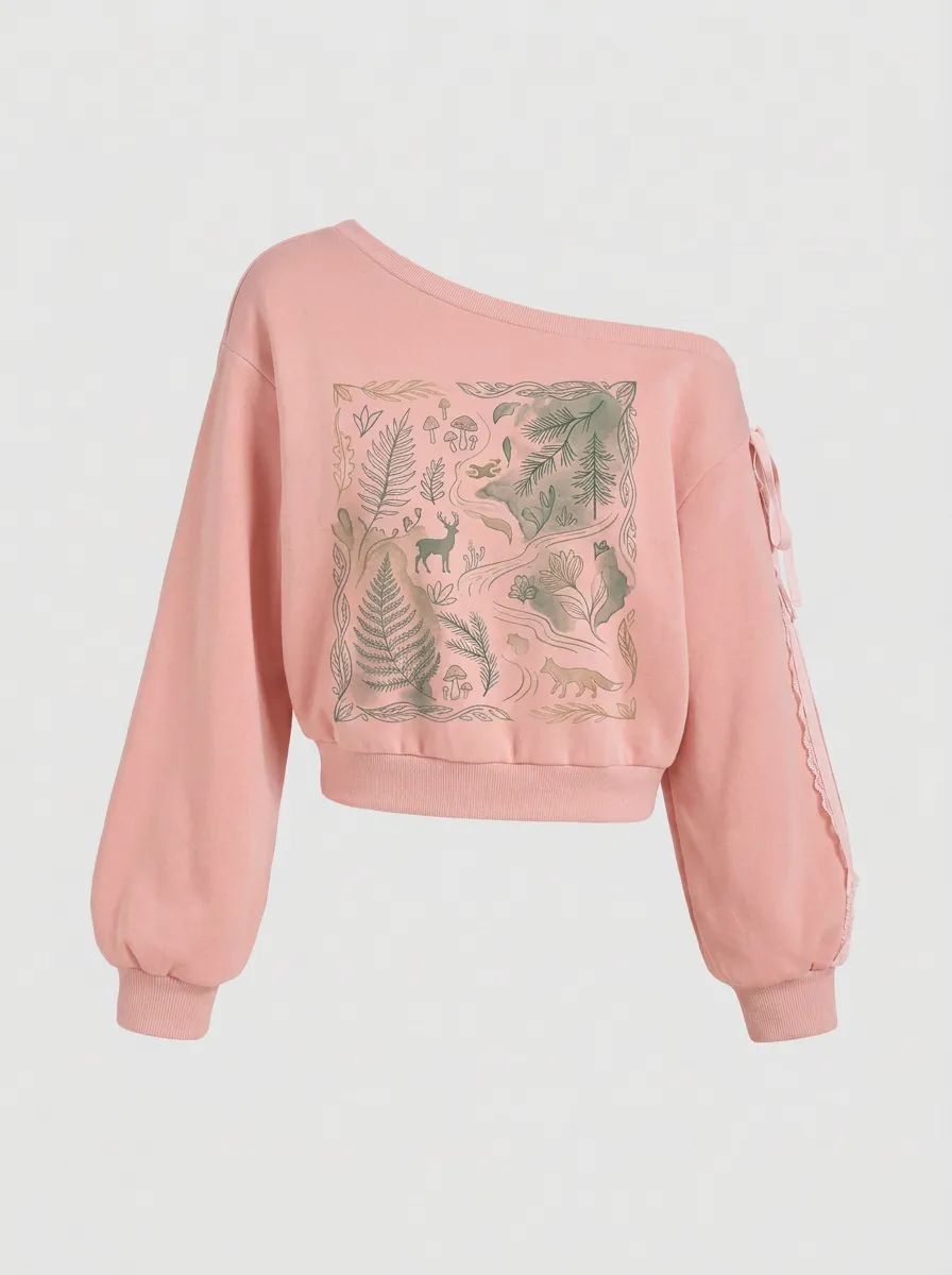 Women's Forest Nature Lover Deer Fox Fern Printed Off-Shoulder Sweatshirt