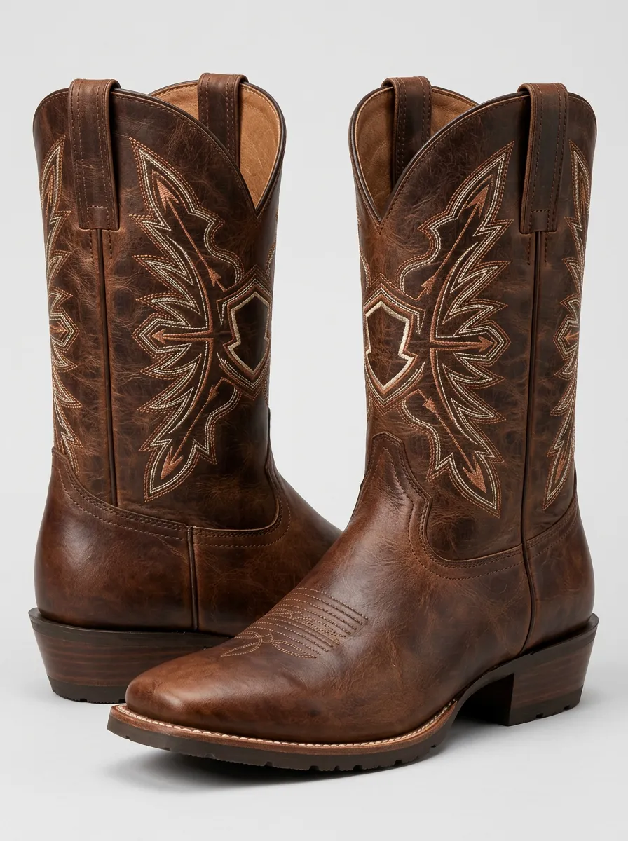 Men's Brown Leather Boots with Classic Western Embroidery
