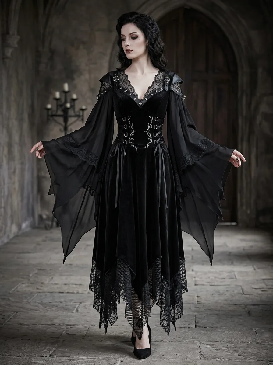 Punk Lace Velvet Bell Sleeve Edit Women's Gothic Dress