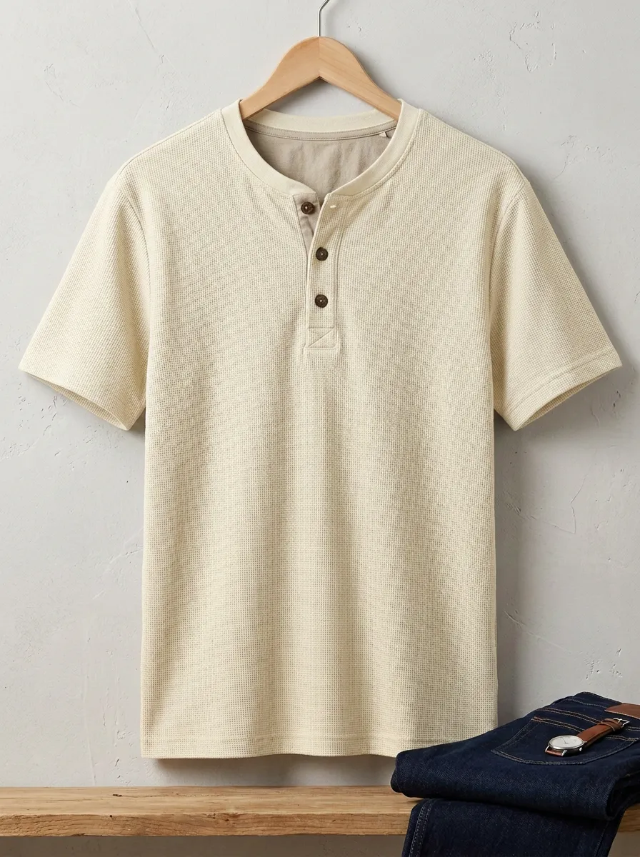Modern Waffle-Knit Button-Placket Men's Short-Sleeve Henley Shirt