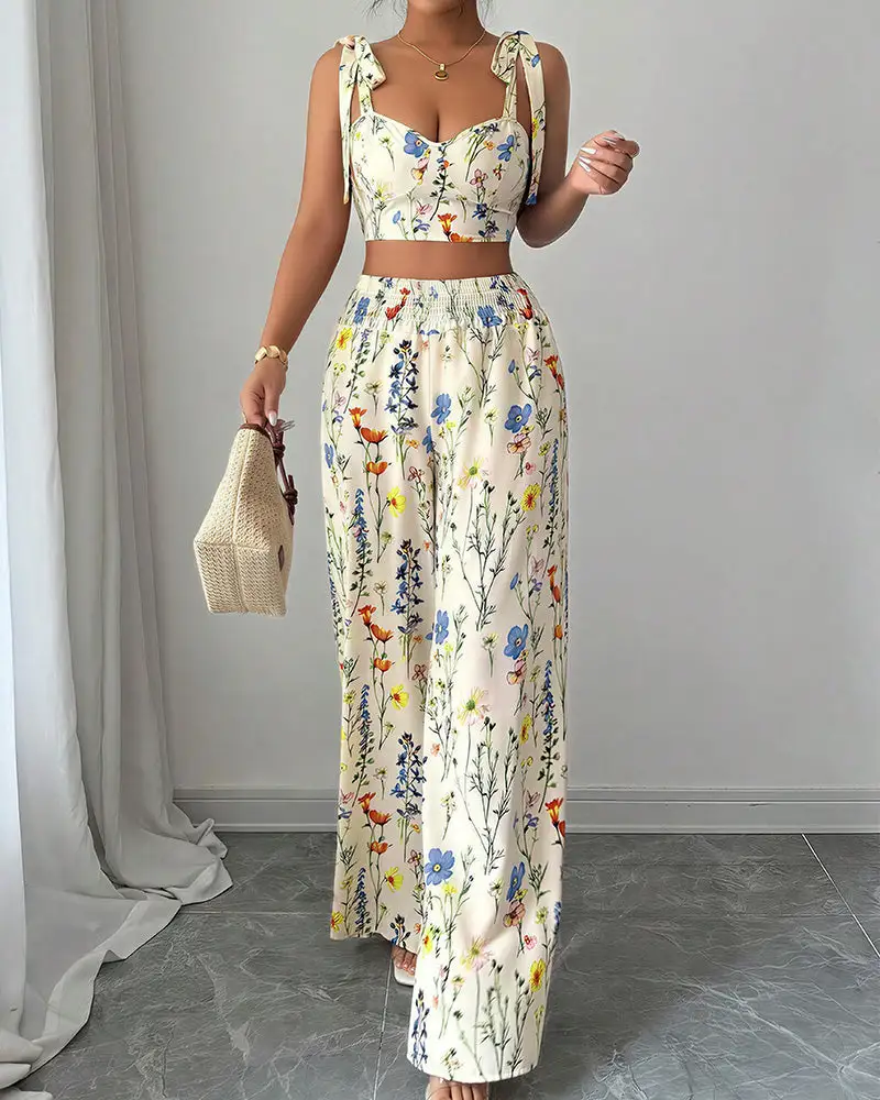 Summer Bloom Tie-Strap Crop Top and Wide Leg Pants Set