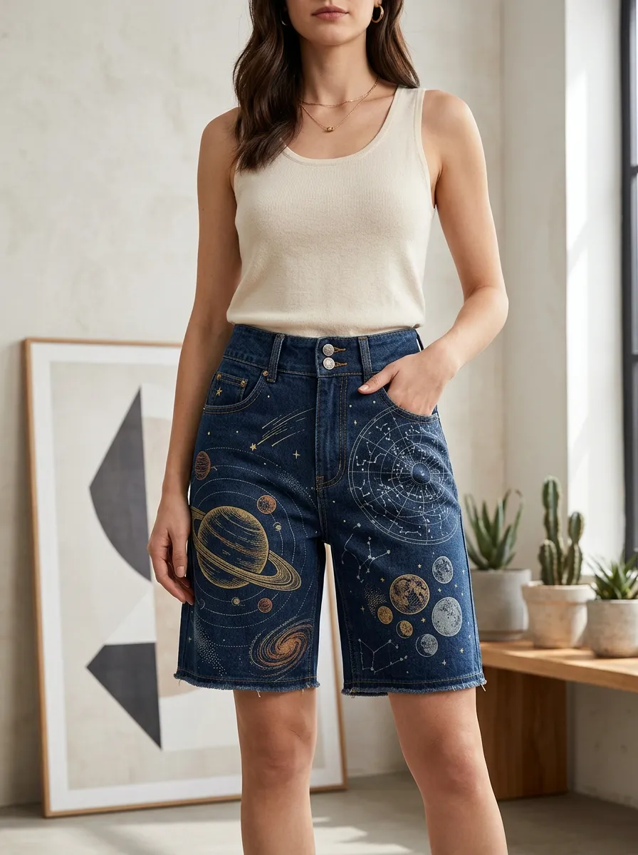 Women's Astronomy Lover Celestial Planet Printed Denim Shorts