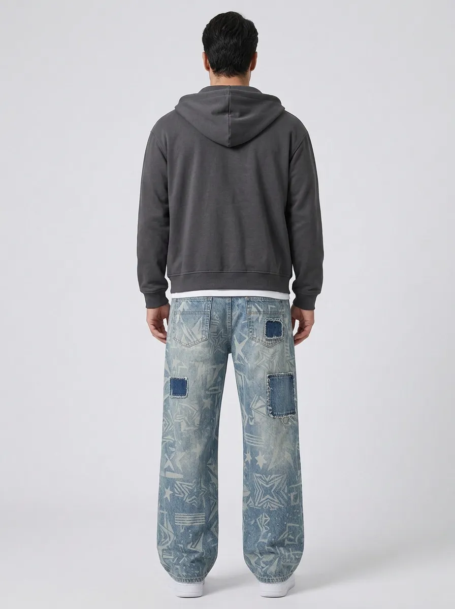 Men's Streetwear Star Pattern Patchwork Printed Wide Leg Jeans