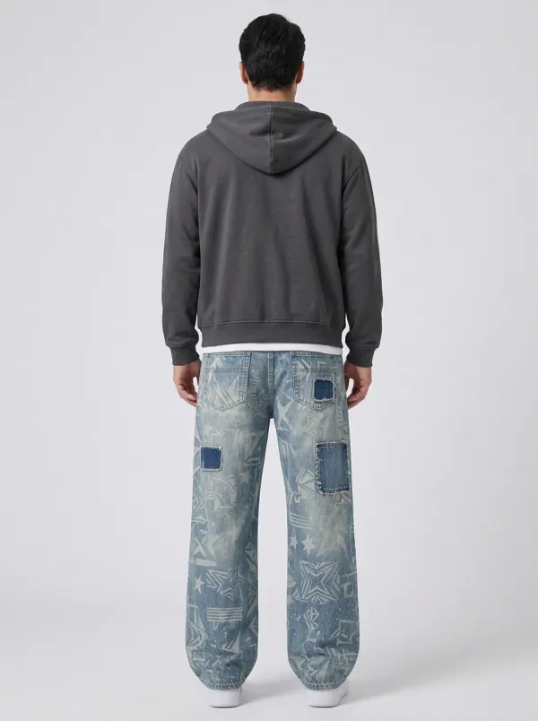 Men's Streetwear Star Pattern Patchwork Printed Wide Leg Jeans