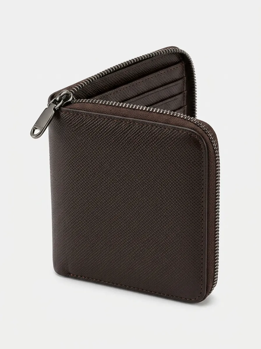 Men's Minimalist Brown Saffiano Textured Zip-Around Wallet