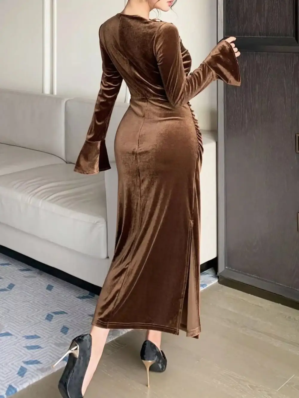 Velvet Ruched Midi Dress