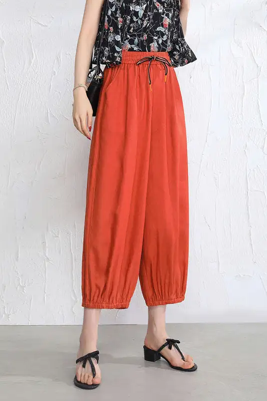 Refined Linen Wide Leg Cropped Elastic Waist Pocketed Trousers
